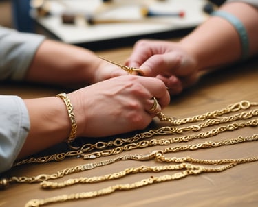 a woman's hands holding a pair of gold chains for a loan