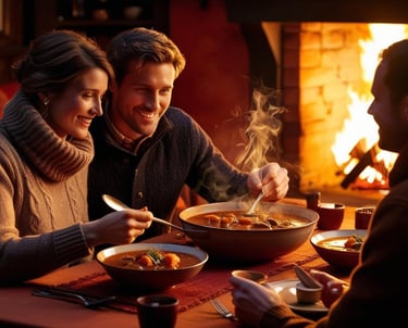 A couple enjoying stew in a cosy setting