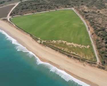 A weathered brick building facade features an artistic mural on its garage door, depicting a busy scene in greyscale. Vines grow over the white wall and the old wooden door in the center, providing a touch of greenery. An old, faded sign above the mural reads 'Real Estate.' The setting is illuminated by sunlight.