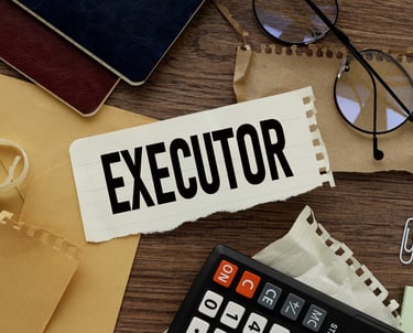 office desk with a piece of paper in middle marked 'executor'