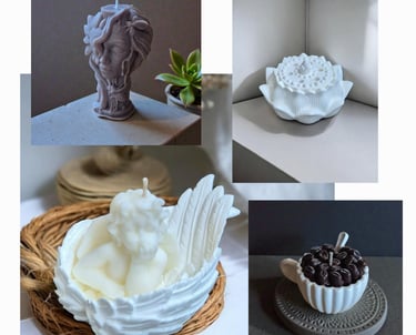 Rankų darbo sojų vaško žvakės ir dekoratyviniai gipso indeliai.