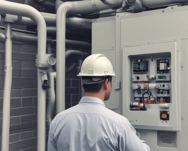 A professional inspecting a building's energy systems with a clipboard.