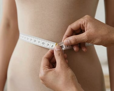Tailor adjusting a wedding dress on a mannequin in a bright studio.