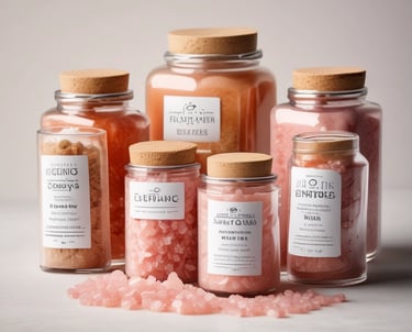 A close-up of coarse Himalayan pink salt crystals on a wooden surface.