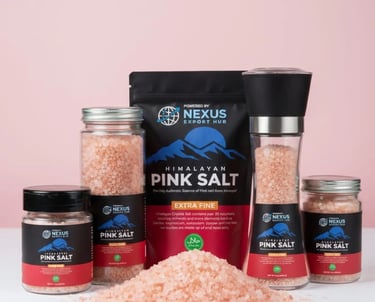Premium Himalayan Pink Salt in customized jars and grinder packaging.