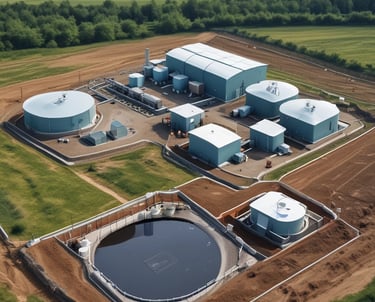 Several water meters are mounted on a wall, connected by a network of pipes. The meters have dials with numerical displays, and there are blue valve handles at the joints. The setup has a uniform arrangement with neat pipe fittings.