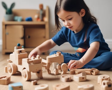 A collection of vibrant wooden toys displayed creatively on a table.