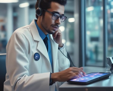 A healthcare professional reviewing digital records on a tablet in a hospital setting.