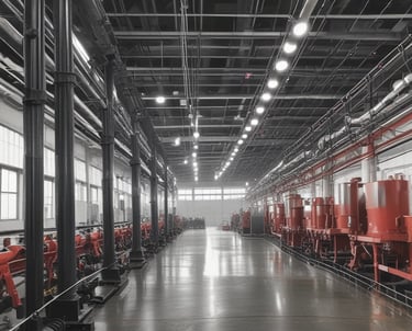 Wide view of factory fire suppression pipes and sprinkler systems in operation.