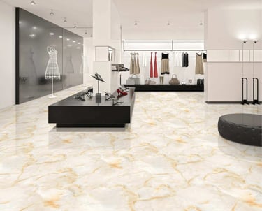 Luxury commercial showroom with glossy marble-finish floor tiles – Rosso Ceramics Pvt Ltd, Pune