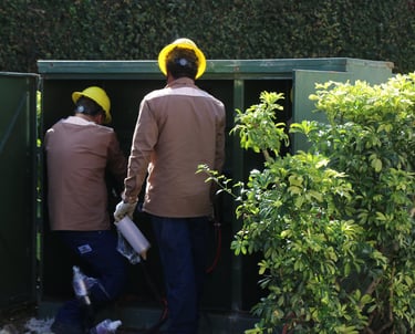 Dos ingenieros con sombreros están parados frente a una caja verde de electricidad