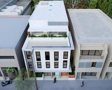 a building with a lot of windows and a motorcycle parked in front of it