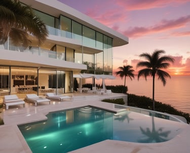 A luxurious multi-story residential building with a waterfront location, surrounded by palm trees and clear blue water. The architecture is elegant with arched windows and a light color palette.