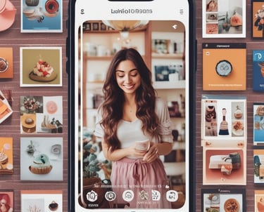 A smartphone displaying a social media profile is placed on a wooden table next to a laptop. The profile includes a picture, name, and details about a creator and photographer. The blue and white interface is visible on the phone screen.