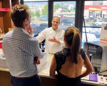 Chef Andrew teaches customers about home kitchen appliances.