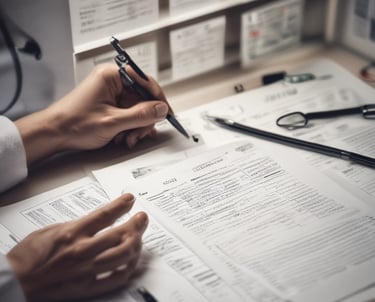 A person with dark hair wearing a red sweater is examining the back and neck of another person with blonde hair in a ponytail. The person being examined is wearing a medical gown and sitting on a medical chair. The background shows medical equipment and certificates on the wall.