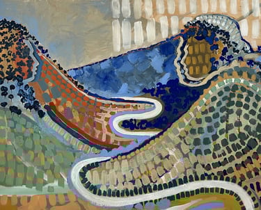 a painting of two mountains facing each other with faces in conversation