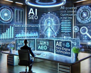 a man sitting at a desk with a computer screen displaying a large screen with a