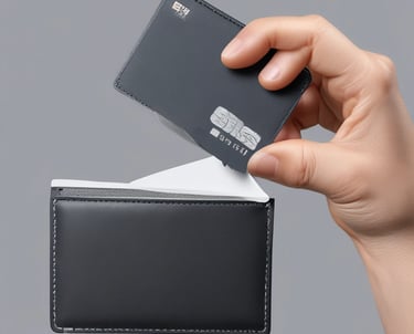 A person wearing brown leather gloves holds a wallet and a blue debit card. The debit card has contactless payment symbols and recognizable brand logos on it. The background is a dark fabric upholstery.