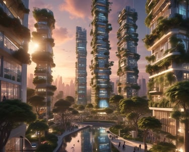 A futuristic building with a large, curved glass and metal structure, featuring geometric patterns and reflective surfaces. The architecture is innovative and modern, with clean lines and an expansive shape.
