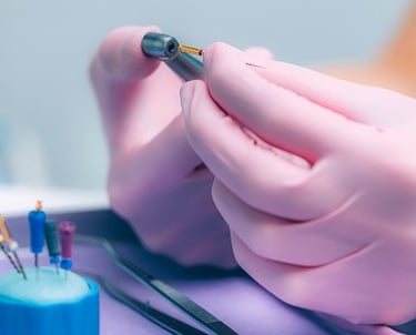 Dentist in pink gloves preparing a dental drill and endodontic files for a root canal procedure.