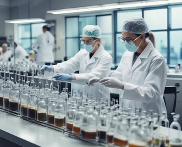 People in protective clothing are working in an indoor agricultural setting, surrounded by rows of plants under artificial lighting.