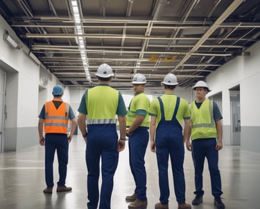 Three individuals engaged in cleaning large glass doors. One person is using a broom or mop to scrub the glass, another is spraying water, and the third person is wearing a hard hat and a safety vest. There are construction materials in the foreground.