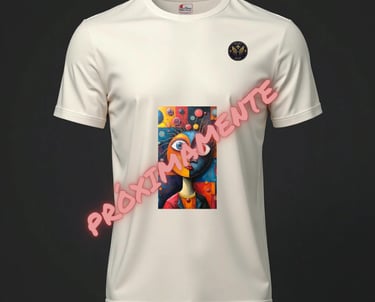 Camiseta impresa con obra cubista con colores vivos con letras de "Próximamente"