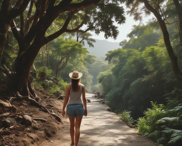 A person wearing a black t-shirt with the word 'TRAVEL' printed on it stands in front of a calm body of water, surrounded by lush green trees. The person is smiling and wearing glasses and a cap.