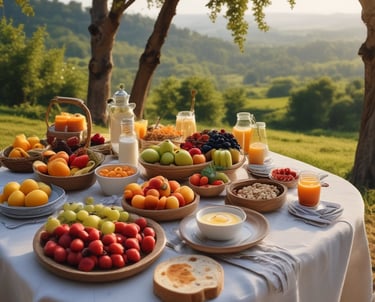 A kitchen countertop features various healthy food items including protein bars on a slate tray, a jar of yellow hummus, a wooden spoon, and a mug with a heart design. Packages of Alver Easy Protein powder are visible in the background. Fresh herbs, a bowl of blueberries, a container with seeds, strawberries, cherry tomatoes, and an avocado are also present, suggesting a focus on natural ingredients.