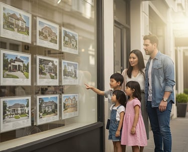 une famille regarde la vitrine d'une agence immobilière