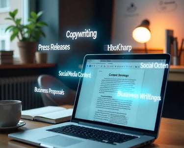 A laptop with all the content writing services name floating around as text