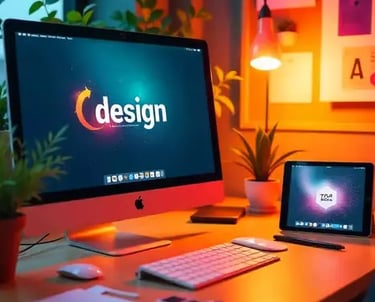 A computer screen with a logo and written design on it