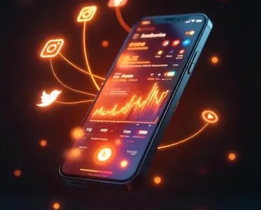 A mobile is floating in air with social media icons