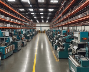An industrial setting with various large machines and equipment, including a CNC machine and other manufacturing tools. There are shelves stocked with metal parts and components, and the space is illuminated by natural light streaming in through the ceiling windows. The area appears organized with clear sections for different types of machinery.
