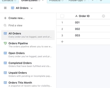 Airtable base with columns for contacts, orders, products and follow-ups.