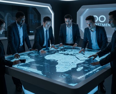 a group of people standing around a table with a large screen