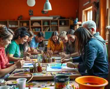 un groupe de personnes assises à une table avec des pinceaux