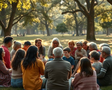 un groupe de personnes assises sur une couverture dans un parc
