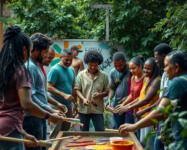 un groupe de personnes debout autour d'une table recouverte d'une nappe
