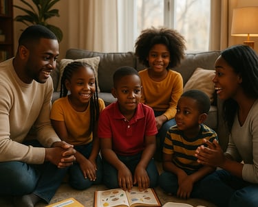 une famille assise par terre dans un salon