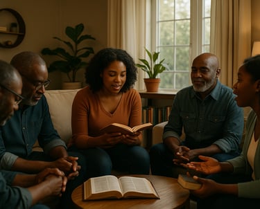 un groupe de personnes assises autour d'une table avec un livre