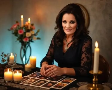 Tarotista Ruth Montenegro con cartas de tarot de Marsella en la mesa, rodeada de velas