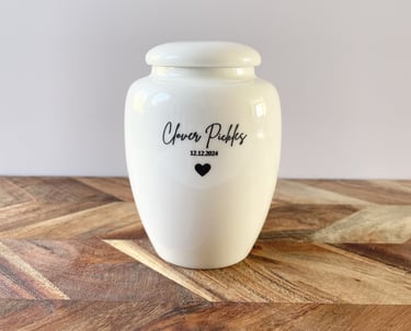 Engraved personalised small white infant ceramic urn for baby ashes