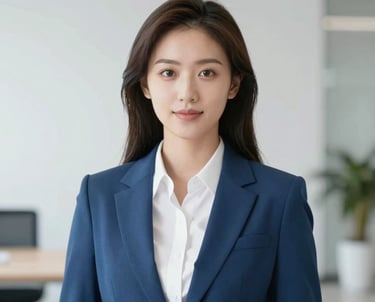Portrait of a professional female executive in a white shirt and blue blazer. Bright, minimalist setting with soft lighting and corporate style.
