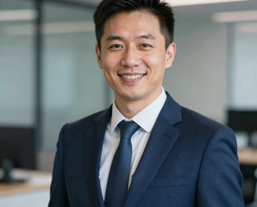 Portrait of a professional male consultant in a navy suit, smiling confidently. High-end lighting, blurred office background with blue tones (#2F5B8B).