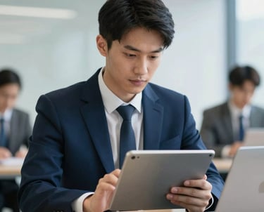 Portrait of a business professional looking at a tablet, showcasing a tech-focused, modern consultancy approach. Corporate aesthetic with dark blue accents.