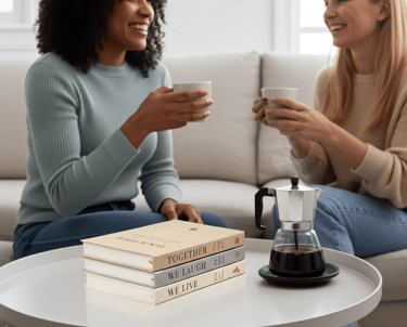 Two Woman having a coffee with helba decorative books 