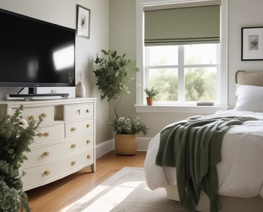 Cozy, modern bedroom with soft lighting and calming decor.