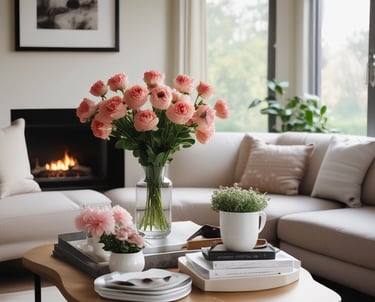 A cozy, modern apartment living room with soft lighting and elegant decor.